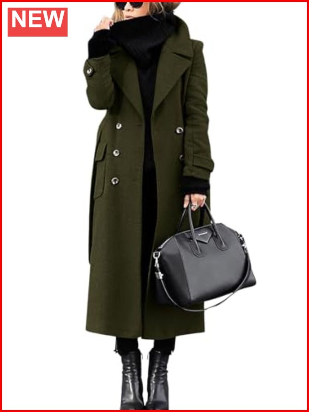 Women's Wool Blend Pea Coat Double Breasted Belted Midi Winter Overcoat